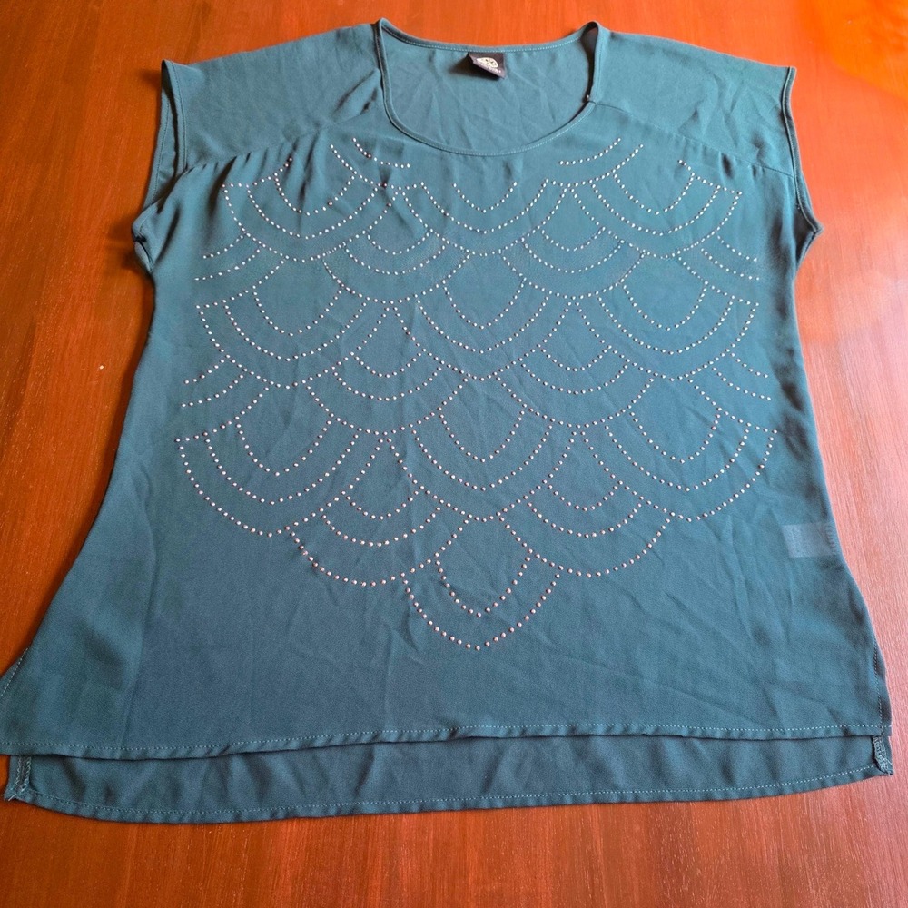 Bobeau Teal Green Studded Scallop Short Sleeve Blouse Small Made in USA